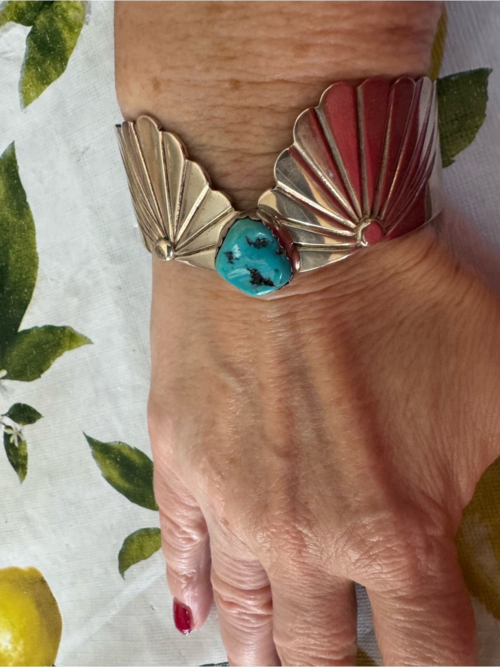 Navajo Sterling Silver Fan Cuff Bracelet with Turquoise Stone - Blue - Picture 7 of 10